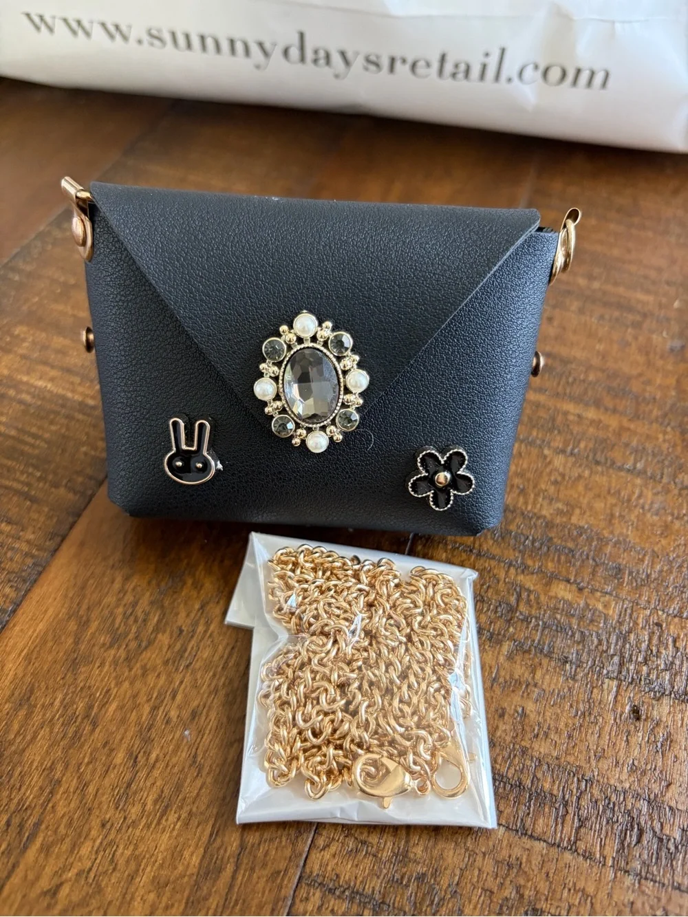 Black Jeweled Mini Crossbody Bag with Gold Chain